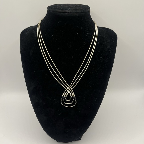 Pair Strand Liquid Silver Bib Necklaces Stamp Sterling Black Beads (Onyx?) 21g - Picture 6 of 16